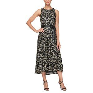 NWT Alex Evenings Embroidered Full Skirt Tie Belt Midi Dress Black / Gold 14